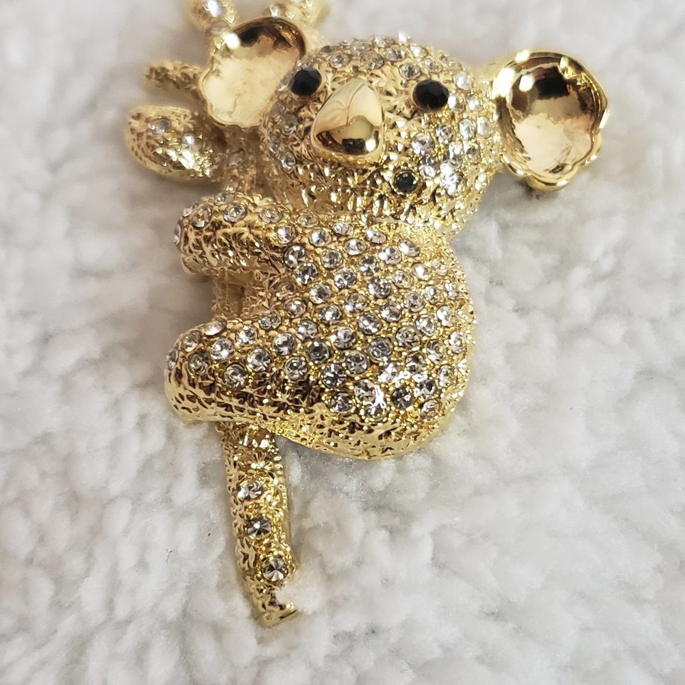 Koala Animal Brooch Pin Gold tone Clear Rhinestone Crystal